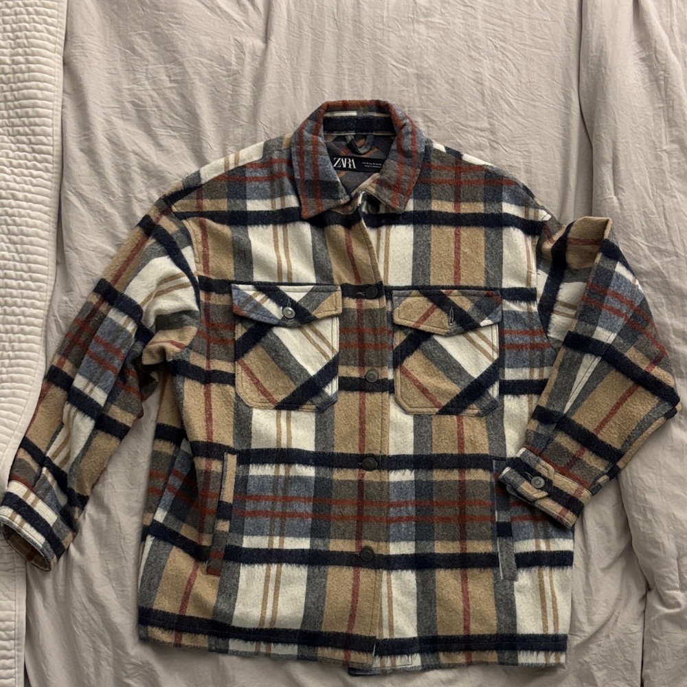 Zara Plaid Shacket in Beige, Navy & Rust